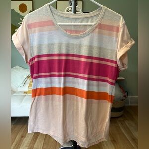 a.n.a Women's Pink, Magenta and Orange Striped Short Sleeve Tee